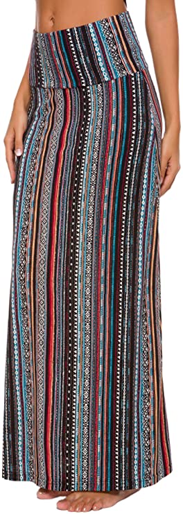 Urban CoCo Women's Stylish Spandex Comfy Fold-Over Flare Long Maxi Skirt