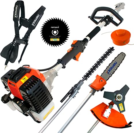 Nemaxx MT62 5in1 gardening tool, powerful two-stroke engine with 52ccm - attachments for grass cutter, brush cutter (3-tooth metal blade), chainsaw, hedge trimmer and circular saw - TÜV certified
