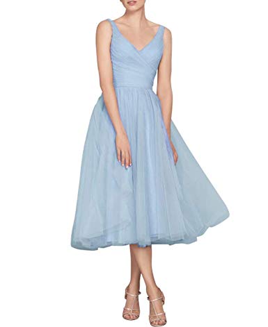 NaXY Vintage Tulle V Neck Tea Length Bridesmaid Dress Long Evening Formal Tulle Women Dresses 2018