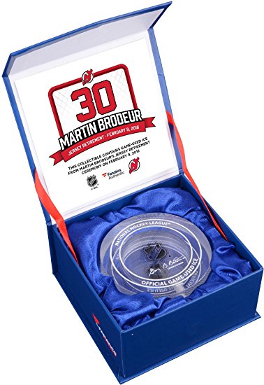 Martin Brodeur New Jersey Devils Jersey Retirement Night Crystal Puck - Filled With Ice From February 9, 2016 Jersey Retirement Night - Fanatics Authentic Certified