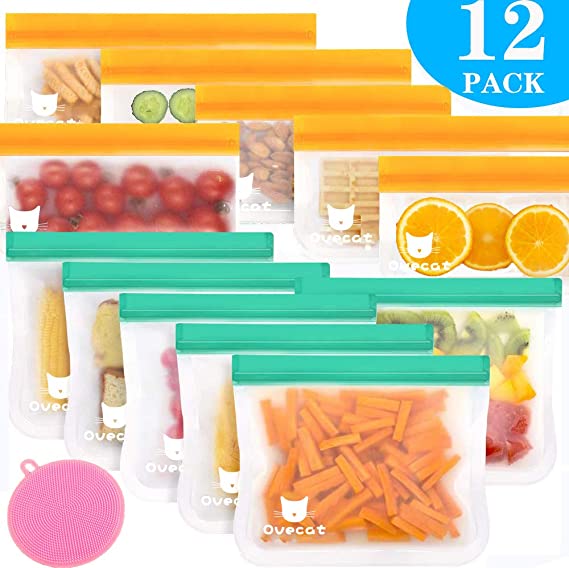 Reusable Sandwich & Snack Bags, 10 Pack Ziplock Food Storage Freezer Lunch Bags for Make-up Travel Home Organization, Eco Friendly for Reducing Plastic (Green   Orange)