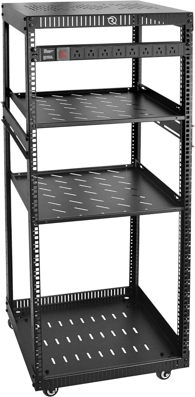 RIVECO 25U Network Rack with Reinforced Top & Bottom Vented Plates- 4 Rolling wheels Floor Standing Rack for 19" Equipment & Stereo Gear- Including 2PC 1U Rack Shelf & Basic Rail Mount PDU Power Strip