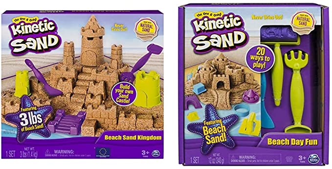 Kinetic Sand Beach Sand Kingdom Playset with 3lbs of Beach Sand, for Ages 3 and Up & Beach Day Fun Playset with Castle Molds, Tools, and 12 oz. of Kinetic Sand for Ages 3 and Up