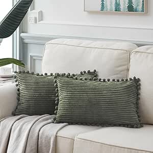 Fancy Homi 2 Pack Olive Green Lumbar Decorative Throw Pillow Covers 12x20 Inch with Pom-poms for Couch Bedroom Sofa, Soft Corduroy Solid Rectangle Cushion Case 30x50 cm, Farmhouse Boho Home Decor