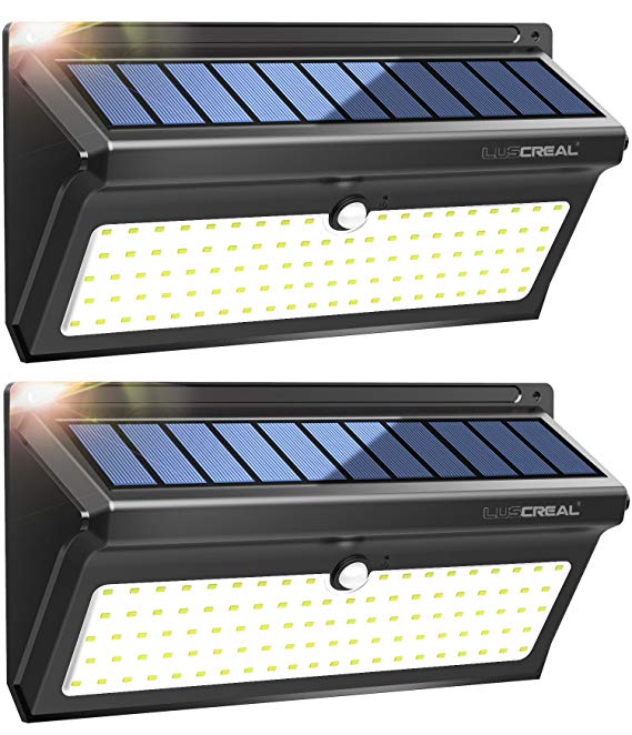 Solar Lights Motion Sensor,100LED Wireless Solar Security Lights Outdoor, Waterproof Solar Powered Wall Light Outside with Wide Angle (2 Pack)-LUSCREAL