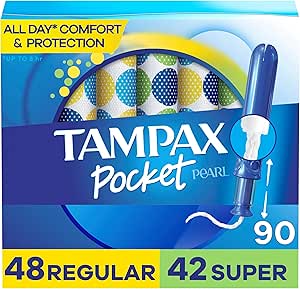 Tampax Pocket Pearl Compact Tampons Duo Pack, Regular/Super Absorbency with BPA-Free Plastic Applicator and LeakGuard Braid, Unscented, 90 Count Total (3 Packs of 30)