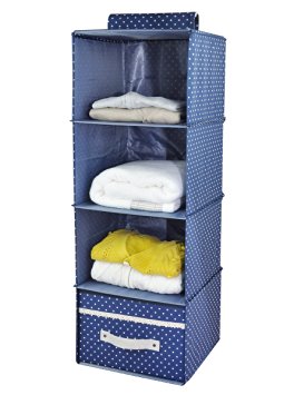 4-shelf Hanging Closet Organizer with Drawer, Thick Wooden Boards Inside, Suit for Clothes, Sweaters, Shoes Storage, Navy Blue Dot