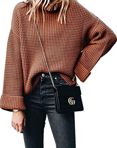 Angashion Women's Casual Long Sleeve Turtleneck Cable Knit Oversized Pullover Sweater Tops