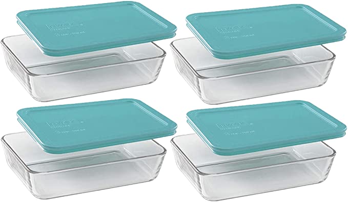 Pyrex Basics Clear Glass Food Storage Dishes, 4 (3-Cup) Oblong Dishes with Turquoise Plastic Lids