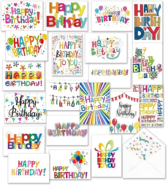 100 Happy Birthday Cards Bulk, Blank Inside with Envelopes and Stickers, – 20 Unique Bright Colorful Designs Notes, Large 5x7 Inches Folded, Thick Cardstock in a Sturdy Packaging