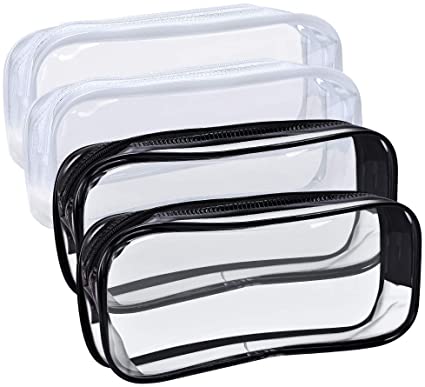 4 PCS Clear PVC Pencil Case with Zipper, Portable Transparent Big Capacity Pencil Bag Makeup Pouch for Office Stationery and Travel Storage (Black and White)