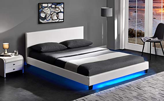 Cherry Tree Furniture URSA White PU Leather Bed Frame with LED on Footend (4FT Small Double)