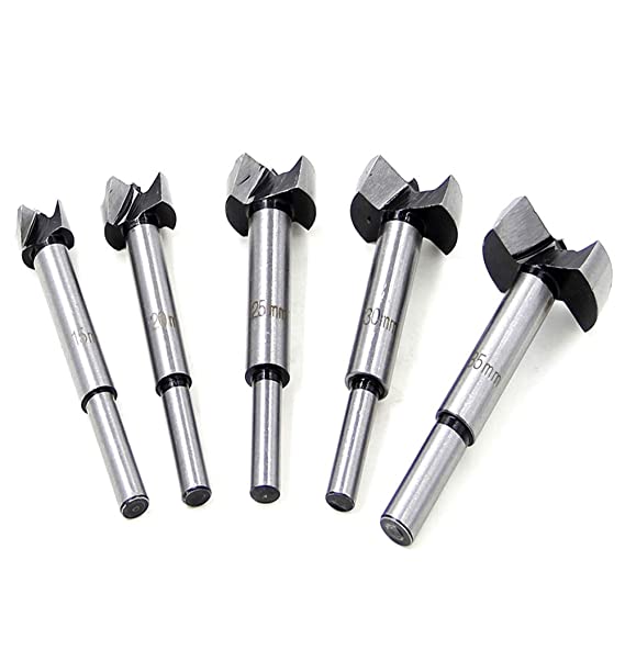 Mengshen Forstner Drill Bit Set 15-35mm 5pcs, Carbide Wood Drill High Speed Steel Flat Wing Drilling Hole Hinge Cemented Carbide Carbon Woodworking Drill Bit Counterbore with Blister Pack