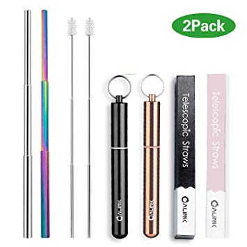 ALINK 2 Pack Rainbow Portable Reusable Collapsible Drinking Straws - Telescopic Stainless Steel Foldable Metal Straw with Aluminum Case & Cleaning Brush Black/Rose Gold