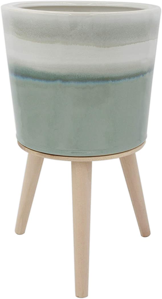 Rivet Mid-Century Stoneware Planter with Wood Stand, 15.94"H, Light Green Ombre