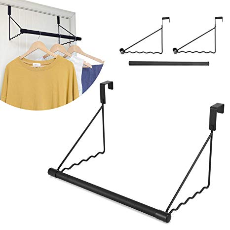 Magicfly Over The Door Closet Rod, Heavy-Duty Over The Door Hanger Rack with Hanging Bar for Coat, Towels Holder, Freshly Ironed Clothes, Black