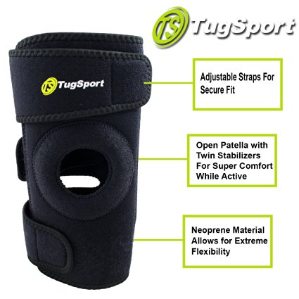 Knee Brace Support By TugSport with Dual Side Stabilizer, Open Patella, & Breathable Neoprene - Best for ACL, Meniscus Tear, Arthritis, Sports, and Injury Recovery - Adjustable 3 Sizes - Black