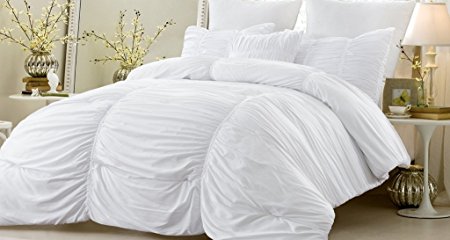 NEW - 4 Piece Ruched Comforter Set White Full/Queen 90 Inches x 96 Inches All Season Hypoallergenic Super Soft Machine Washable Style 1053 by Web Linens Inc