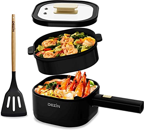 Dezin Electric Hot Pot with Steamer, 2L Non-Stick Ceramic Coating Ramen Cooker, Multifunctional Frying Pan, Portable Hot Pot for Dorm, Office, Travel with Power Adjustment(Silicone Spatula Included)