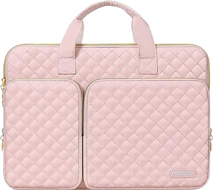 MOSISO 360 Protective Laptop Sleeve Compatible with MacBook Air 15 inch M2 A2941 2023/Pro 16 inch M3 M2 M1 2023-2019, 15-15.6 inch Notebook, Square Quilted Bag with 2 Pockets&Handle&Belt, Chalk Pink