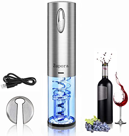 Electric Wine Opener Set, Zupora Waiters Friend Professional Corkscrew Automatic Wine Bottle Opener Stainless Steel with Foil Cutter for Home, Restaurant, Party, as Gift, Refined Silver