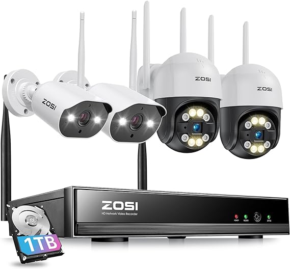 ZOSI 2K 8CH WiFi CCTV Camera System Outdoor, 2pcs 3MP Outdoor WiFi IP Cameras and 2pcs C289 Pan/Tilt WiFi Camera, Color Night Vision, 2-Way Audio, Spotlight & Siren Alarm, AI Human Detection, 1TB HDD