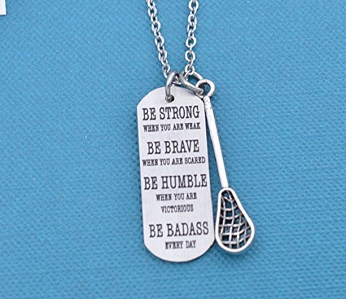 Lacrosse Necklace in silver toned metal with inspirational word tag. Lacrosse necklace. Lacrosse gifts. Lacrosse jewelry. Lacrosse player