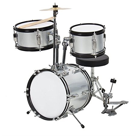 Kids Drum Set 3 Pc 13" Beginners Complete Set with Throne, Cymbal and More- Silver