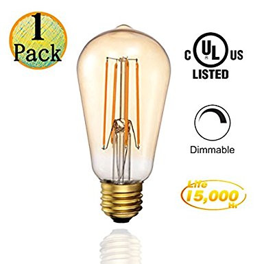 LED Dimmable Edison bulb, Vintage Edison Filament Style, Amber Glass, ST19 4W(45w Equivalent), 2200K Warm Yellow, 350Lm, E26, UL Listed, 1pack, Made by top brand OEM partner, Same Quality Control