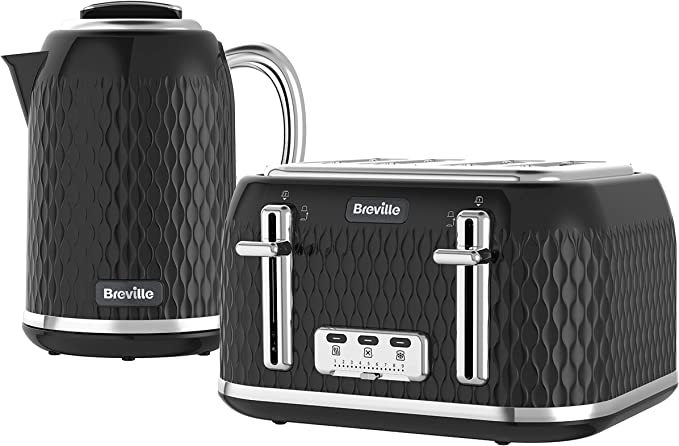 Breville Curve Kettle & Toaster Set with 4 Slice Toaster & Electric Kettle | 3 KW Fast Boil | Black & Chrome