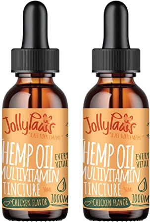 Jollypaws Hemp Oil for Dogs with Multivitamins, (2-Pack) of 1000 mg, Organic Tincture Liquid Drops, Fortifies Vitality, Energy, Focus, and Daily Health, Calming Stress Relief