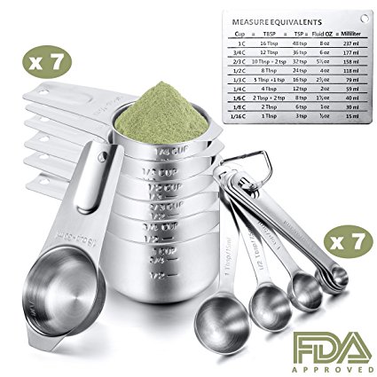 Engraved Measuring Cups Spoons Set, Umite Chef Round Teaspoons Made of 304 Stainless Steel, 7 Cups,7 Spoons, 1 Magnetic Measurement Conversion Chart, Volume 1/8 Tsp/0.63 ML to 1 Tbsp/15 ML