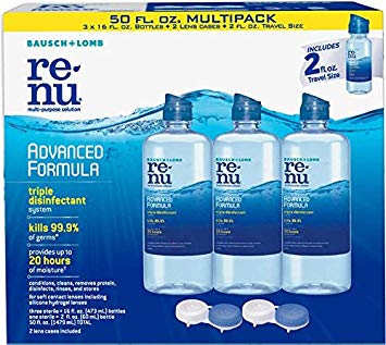 Bausch   Lomb Renu - Lens Solution, Advanced Triple Disinfect Formula, Multi-Purpose 16 Fluid Ounce (Pack of 3) w/ (1) 2 Ounce Travel Bottle   2 Contact Lens Cases