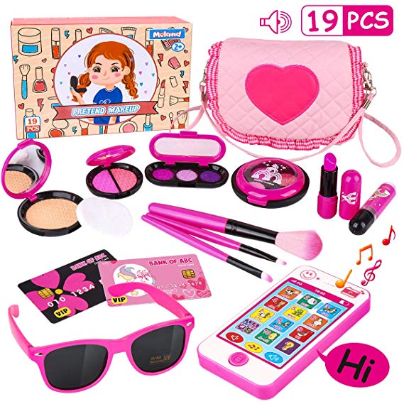 Kids Makeup Kit - Girl Pretend Play Makeup & My First Purse Toy for Toddler Gifts Including Pink Princess Purse, Smartphone, Sunglasses, Credit Card, Lipstick, Brush, Lights Up & Make Real Life Sounds