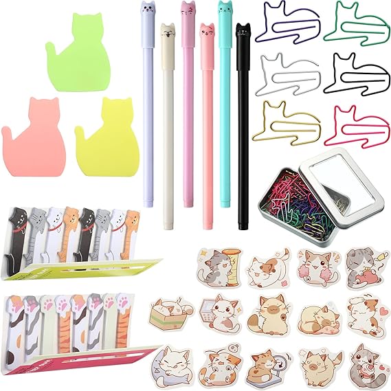 Cat Office Supplies Cat Sticky Notes Cat Paper Clips Cat Index Tabs Cat Gel Ink Pens Cat Shaped Bookmark Cartoon Cat Stickers Set for Cat Lovers Kids Women Girl Work School Office (Vivid Style)