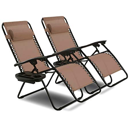 Goplus Zero Gravity Chair Set 2 Pack Adjustable Folding Lounge Recliners for Patio Outdoor Yard Beach Pool w/Cup Holder, 300-lb Weight Capacity (Brown)