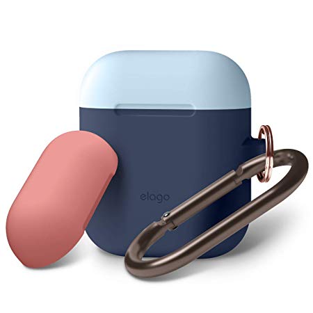 elago AirPods Duo Hang Case [Body:Jean Indigo/TOP:Pastel Blue, Italian Rose] - [Compatible with Apple AirPods 1 & 2; Front LED Not Visible][Supports Wireless Charging][Carabiner] - for AirPods 1 & 2