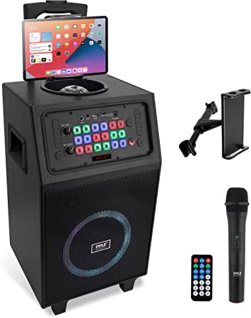 Portable Karaoke PA Speaker System - 600W 8” Rechargeable BT Speaker, TWS, Party Lights, LED Display, FM/AUX/MP3/USB/SD, Wheels - Wireless Mic, Remote Control, Tablet Holder Included - Pyle PHP18DJT