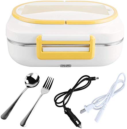 LOHOME Electric Heating Lunch Box Car Home Office Use Food Warmer Portable Bento Meal Heater with Stainless Steel Container 110V and 12V Dual Use (Yellow)