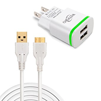 Galaxy S5 Charger, Pack 2in1 6ft Long Gold-Plated USB 3.0 Data Charging Cable Cord and 2.1A 5V Dual Port Travel Home Wall Charger (with Led Light) Combo for Samsung Galaxy S5 Note 3 White