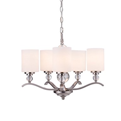 CO-Z Brushed Nickel 5-Light Chandelier with K9 Crystal Balls, w/ Cased Opal Glass Shade