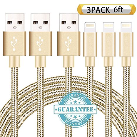 DANTENG Cable 3Pack 6FT, Extra Long Charging Cord Nylon Braided 8 Pin to USB Lightning Charger for iPhone 8 , 8, 7, SE, 5, 5s, 6s, 6, 6 Plus, iPad Air, Mini, iPod (Gold)