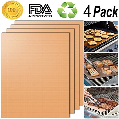ZIGONG Gold Grill Mat Set of 4 - 100% Non-stick BBQ Grill Mats - FDA-Approved, PFOA Free, Reusable and Easy to Clean - Works on Gas , Charcoal , Electric Grill and More (4 golden)
