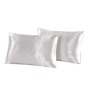 Pair of 2Pcs Silk Satin Comfortable Pillow Case Bedding Pillowcase for Hair Skin, Has a Fine Soft Luxurious Feel - White, Standard (20x26