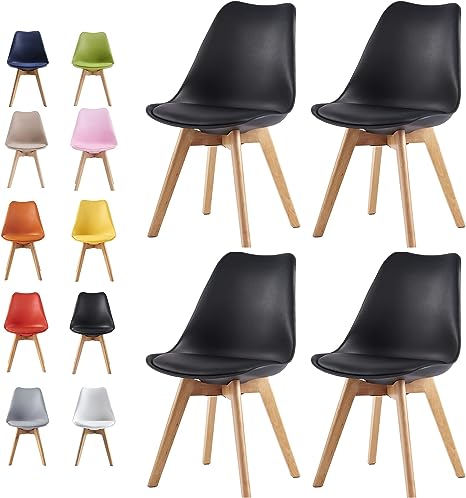 mcc direct Set of 4 Dining Chairs Wooden Legs Soft Cushion Pad Stylish DELUXE Retro Lounge Dining Office EVA (Black)