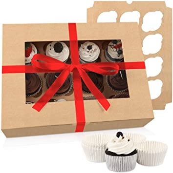 Moretoes Cupcake Boxes 15 Packs, Brown Kraft Cupcake Carrier Bakery Boxes with Windows and Inserts to Fit 12 Cupcakes Muffins or Pastries, 200 Cupcake Baking Cups and Ribbon
