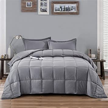 HIG Pre Washed Down Alternative Comforter Set Twin -Reversible Shabby Chic Quilt Desgin -Box Stitched with 4 Corner Tabs -Lightweight for All Season -Light Gray Duvet Comforter with 2 Pillow Shams