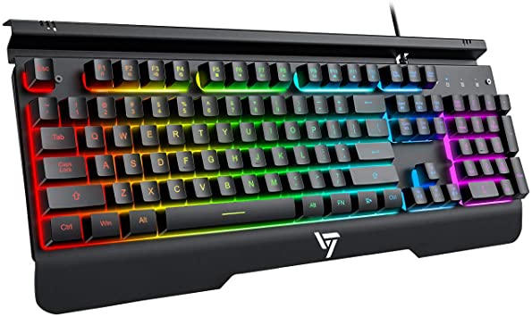 VictSing RGB Gaming Keyboard Metallic, RGB Backlit Gaming Keyboard, Metal-Panel Wired Keyboard with Mobile Phone Holder, Quiet Click Computer Keyboard with Ergonomic Wrist Rest for PC Gamers, Black