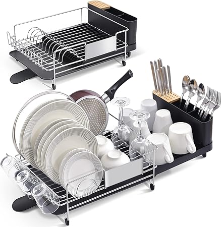 Expandable Dish Drying Rack, Kitchen Dish Rack with Drainboard, Large Stainless Steel Dish Drainer with Swivel Drainage Spout, Utensil Holder, Cup Holder and Cutting Board Rack for Countertop
