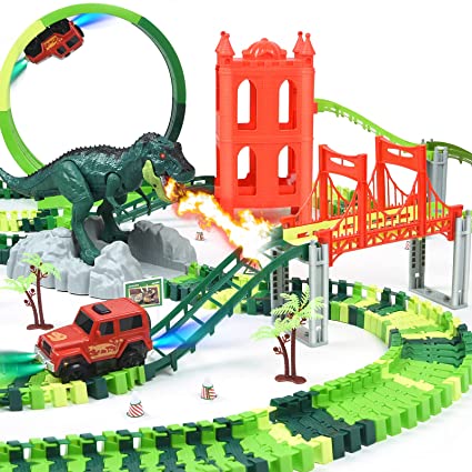 Dinosaur Toys Race Track Set 239 PCS , Flexible Train Tracks with With 1 elevator, 1 spray dinosaur,1 Ferris wheel (360 Degree Rotation),1 Bridge,2 Electric Cars ,Best Gift for kids Boys and Girls